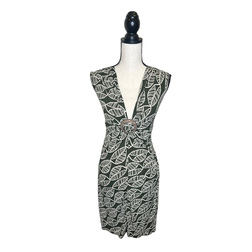 Y2K Xoxo Boho Green Leaf Pattern Low Cut Midi Dress Size Small